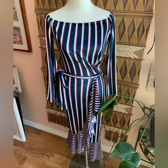 BNWT L’Atiste Blue, Red & White Striped Faux Wrap Dress - Picture 3 of 11